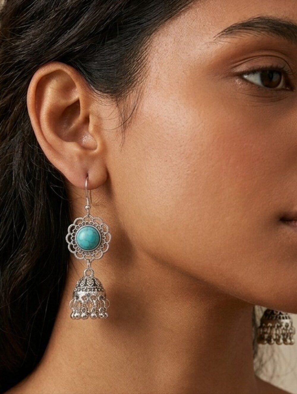 Boho Turquoise Resin and Silver Tone Drop Bell Style Earrings